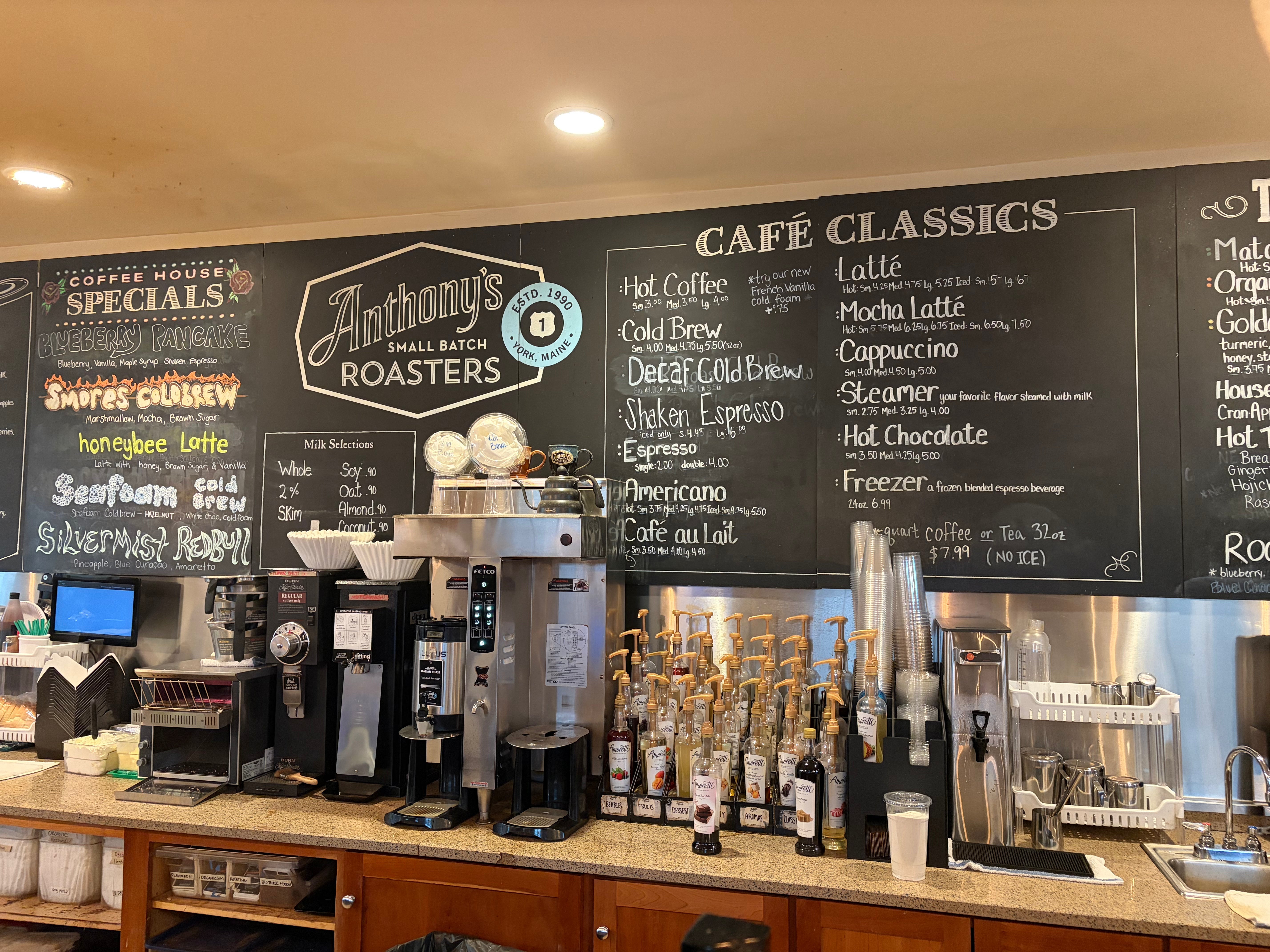 Drinks from the café menu at Anthony's Food Shop
