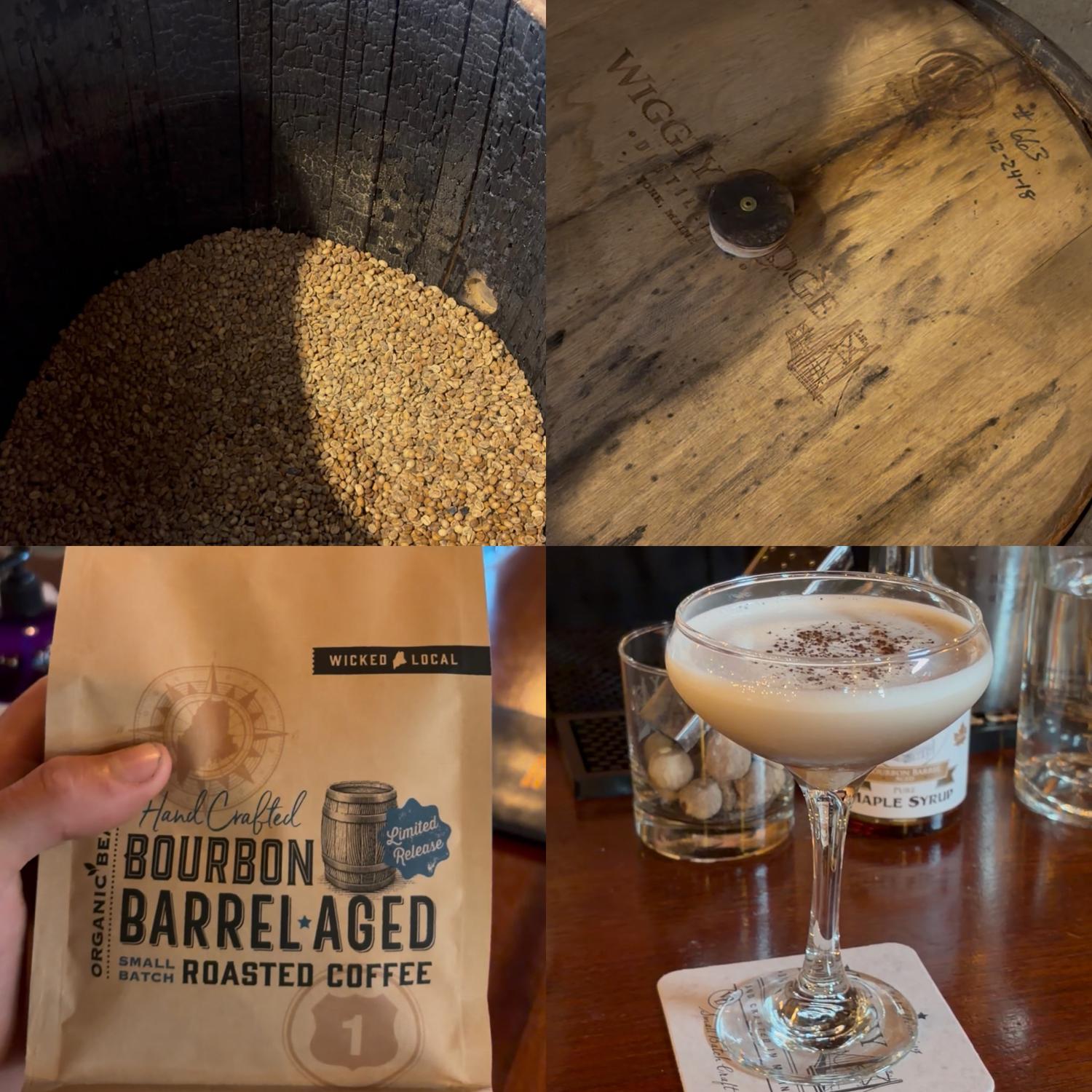 Four-panel collage of Anthony's bourbon barrel-aged coffee: green beans in a charred Wiggly Bridge Distillery barrel, the barrel's branded lid, a bag of the finished roast, and a coffee cocktail made with it.