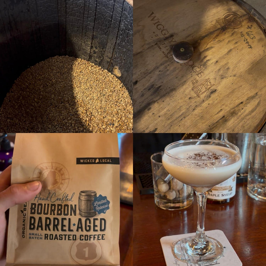 Four-panel collage of Anthony's bourbon barrel-aged coffee: green beans in a charred Wiggly Bridge Distillery barrel, the barrel's branded lid, a bag of the finished roast, and a coffee cocktail made with it.